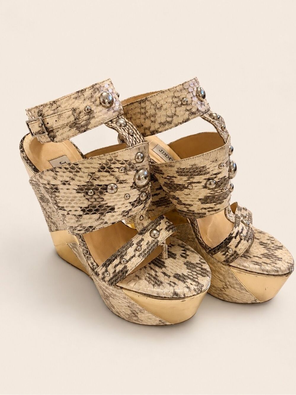 Jimmy Choo Python Print Studded Platform Wedge Sandals EU 36 US 6 - Picture 1 of 15